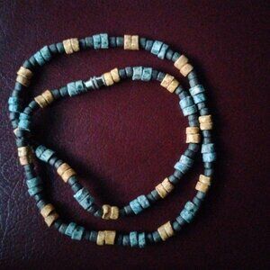 Necklace Blue-Tan-Black Beads Mix Media of Lava Stones Acrylic Screwing Closure